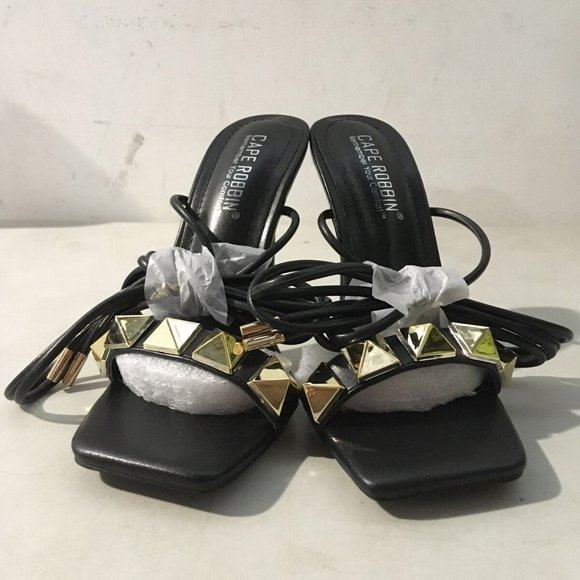 NWT CAPE ROBBIN AIGO GOLD STUDDED LACE UP‎ HEELS BLACK 5.5 - Picture 9 of 14